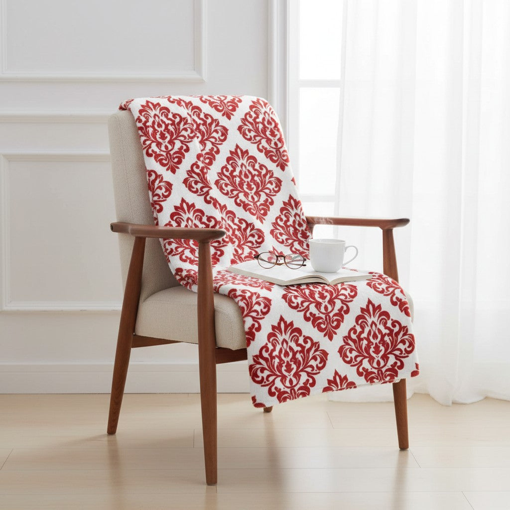 Red Damask Sherpa Blanket